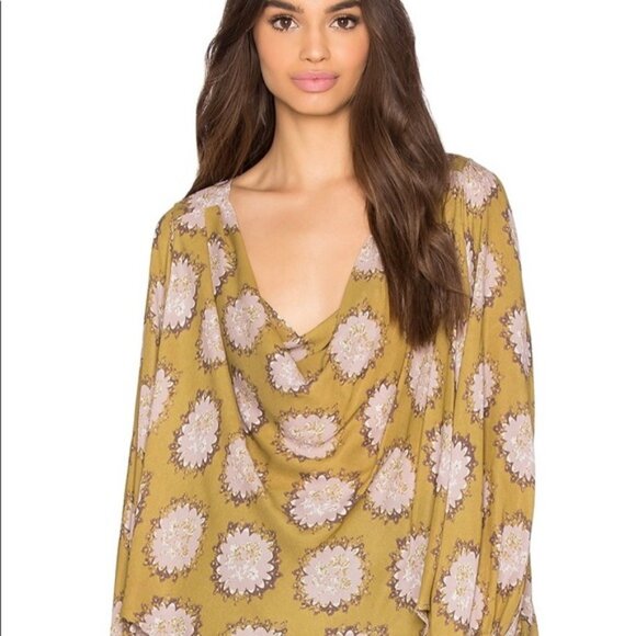 Free People Boho Green Lavender Floral Blouse XS XL - Picture 1 of 7